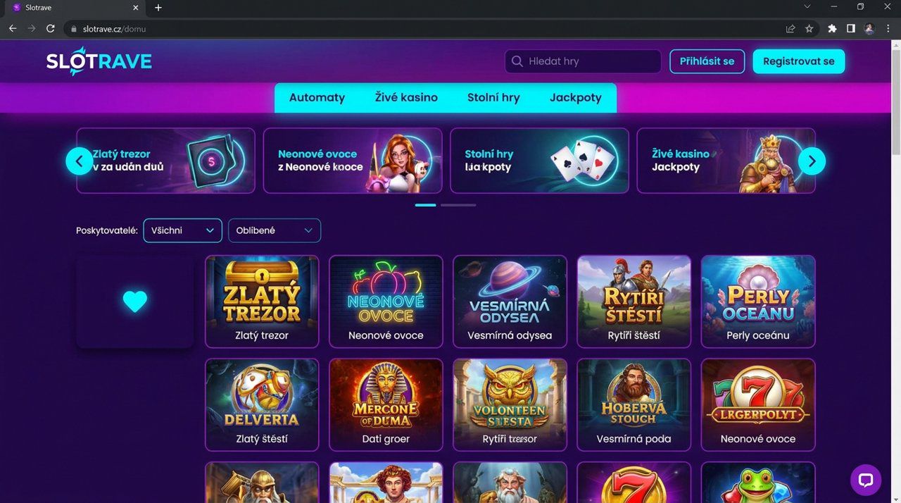 Úvodní stránka online kasina Slotrave s nabídkou automatů a kategoriemi her