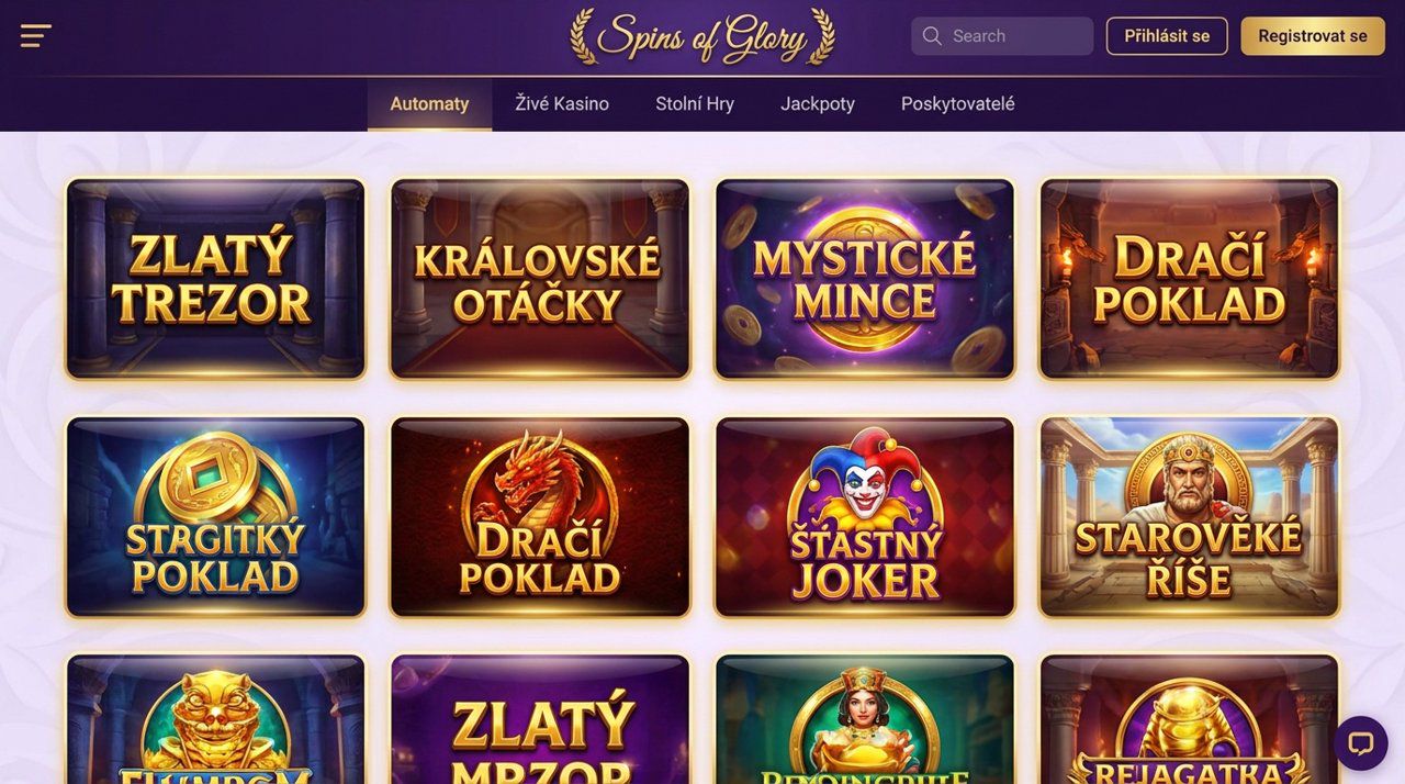 Úvodní stránka online casina Spins of Glory s nabídkou automatů