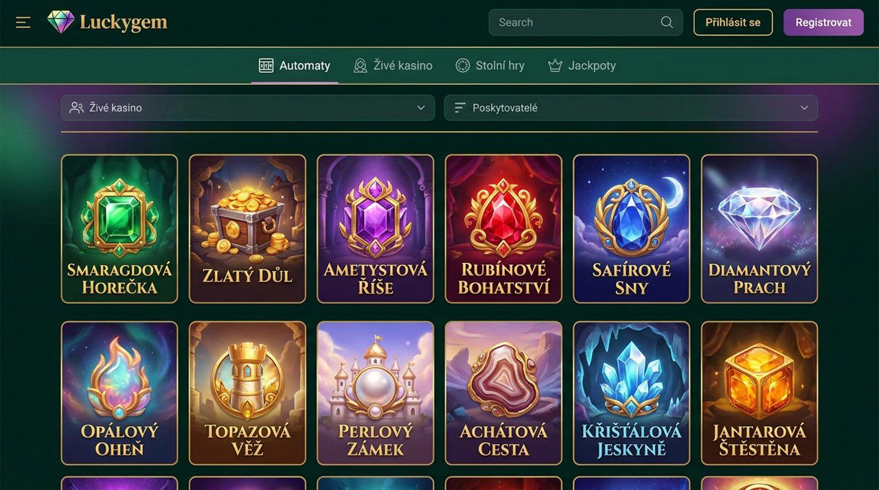 Úvodní stránka online kasina Luckygem s nabídkou automatů a živého kasina