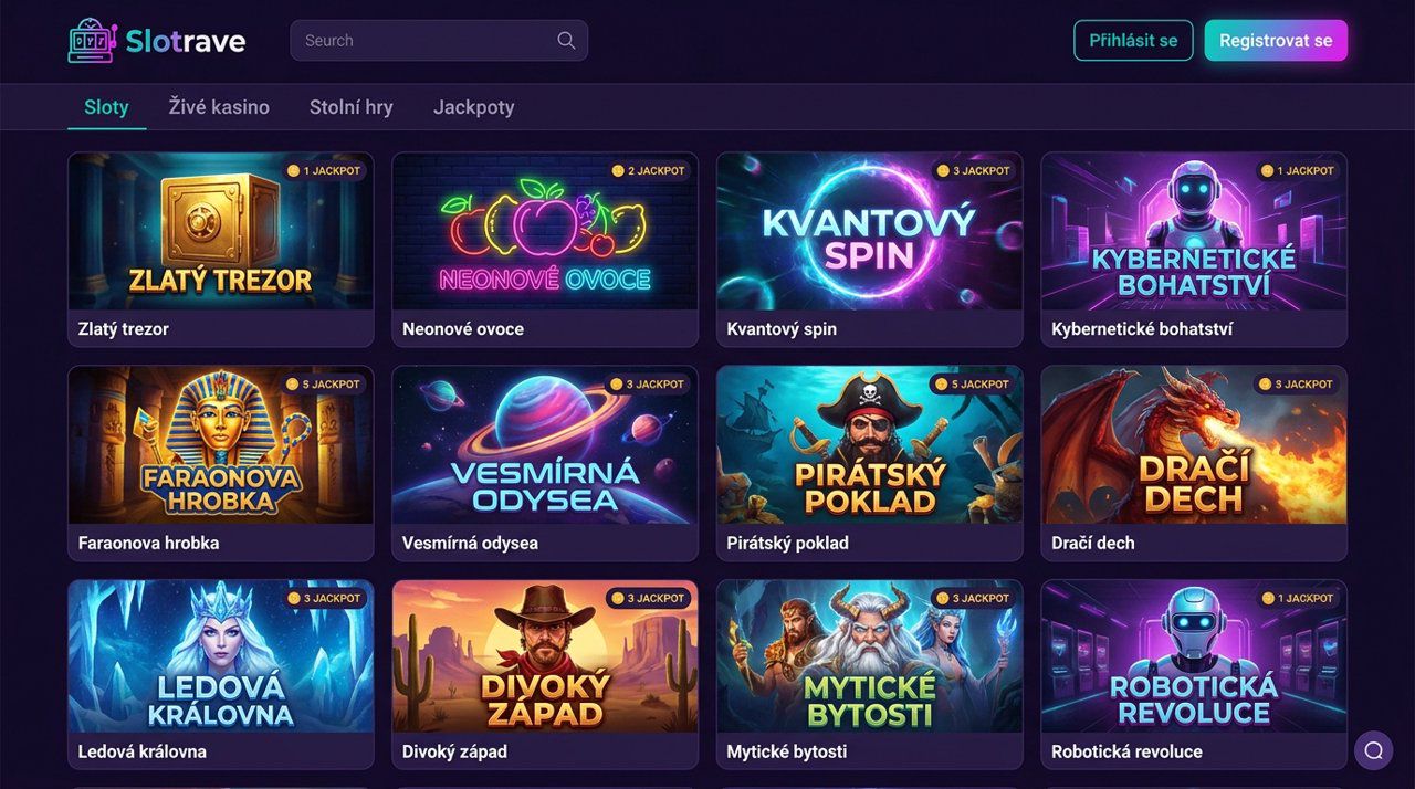Úvodní stránka online casina Slotrave s nabídkou automatů a živého casina