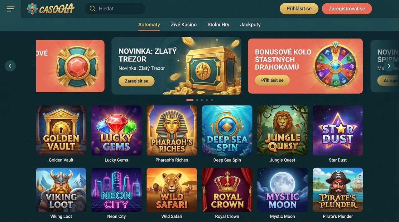 Úvodní stránka online casina Casoola s nabídkou automatů, živého kasina a jackpotů