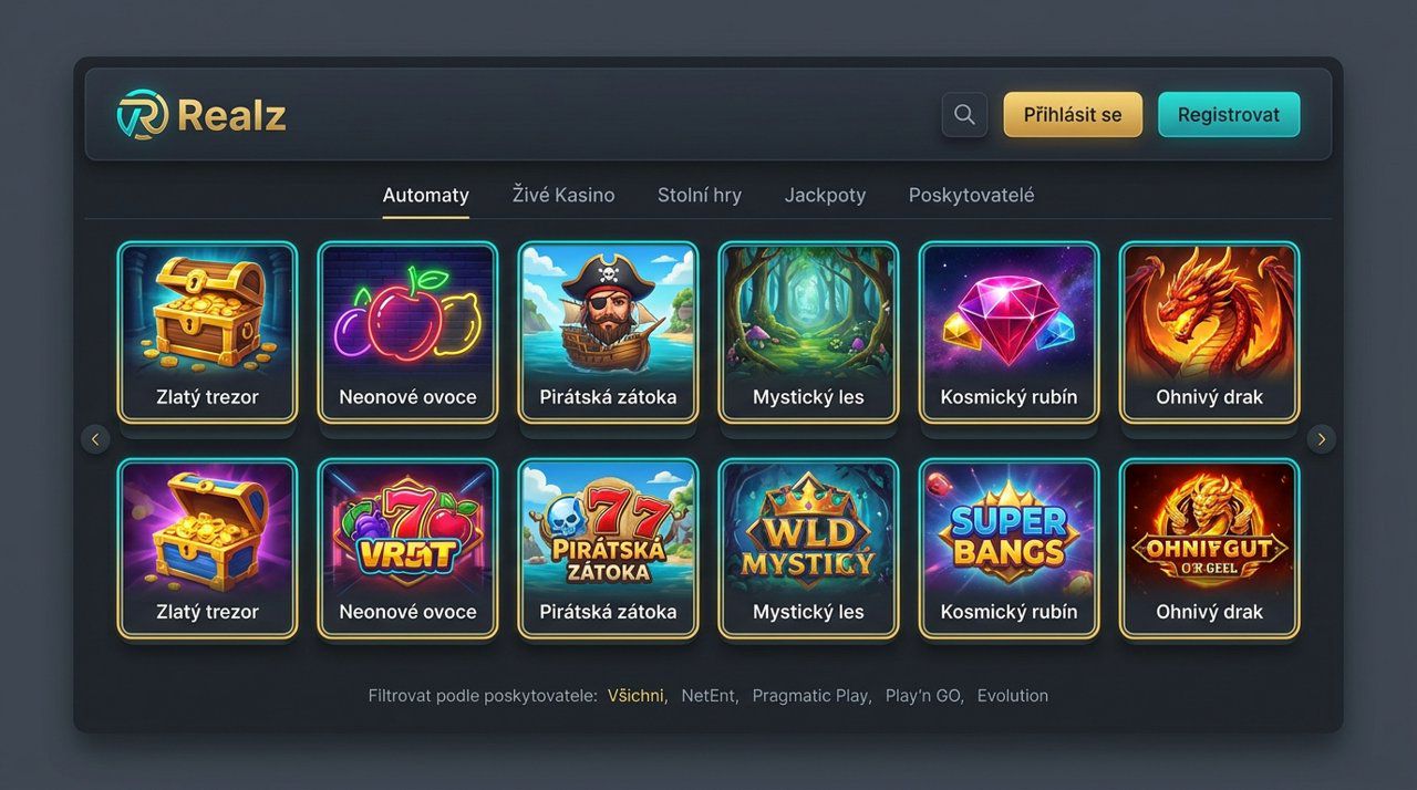 Snímek obrazovky hlavní stránky online kasina Realz s nabídkou automatů