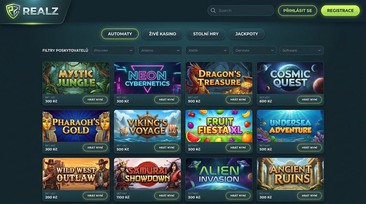 Úvodní stránka online casina Realz s nabídkou automatů, živého kasina a stolních her