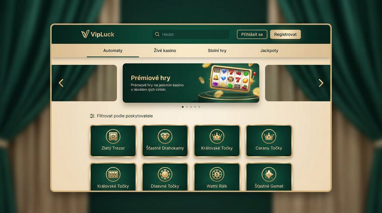 Úvodní stránka online kasina VIPLuck s nabídkou automatů a živého kasina