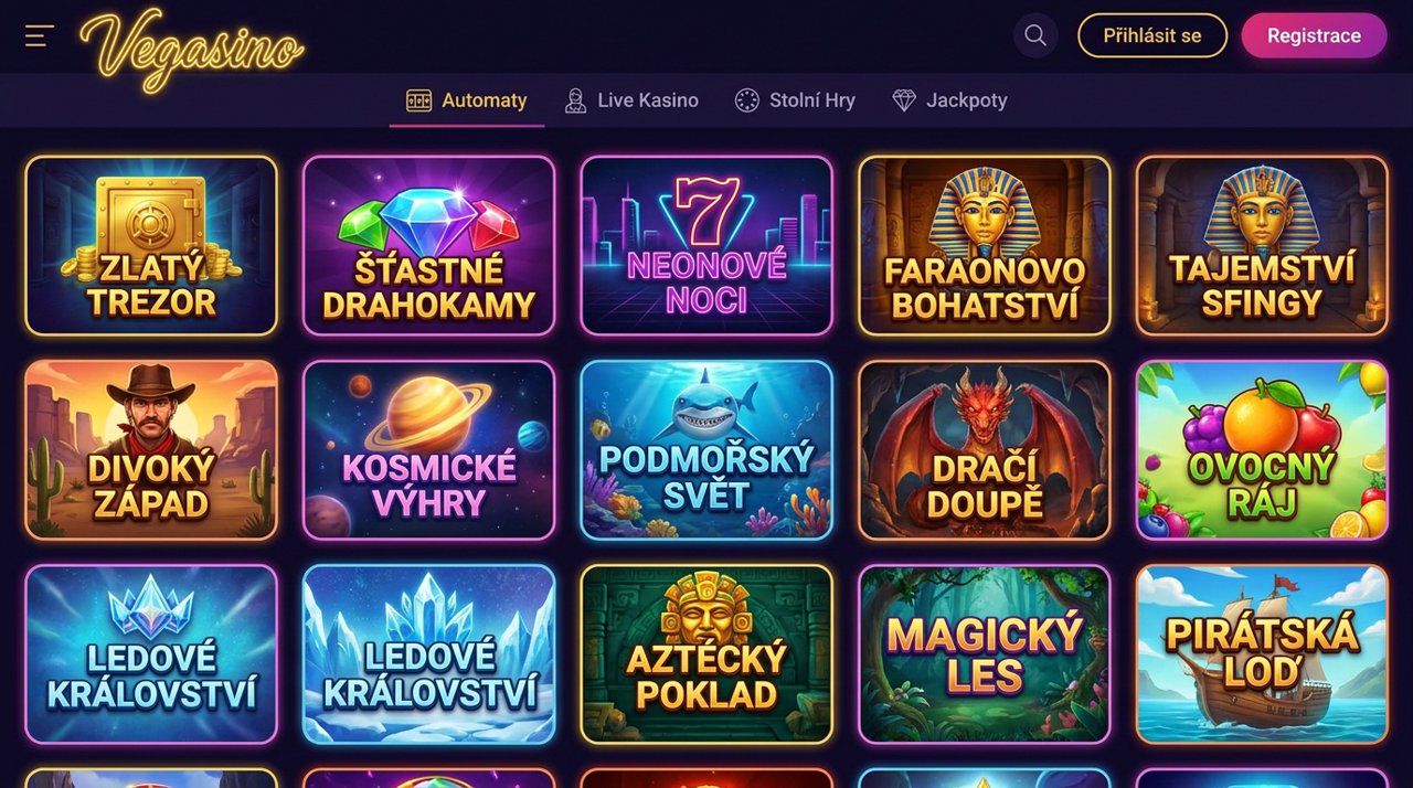 Úvodní stránka online kasina Vegasino s nabídkou automatů a kategoriemi her
