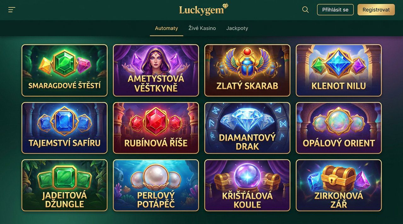 Úvodní stránka online casina Luckygem s nabídkou automatů a živého kasina