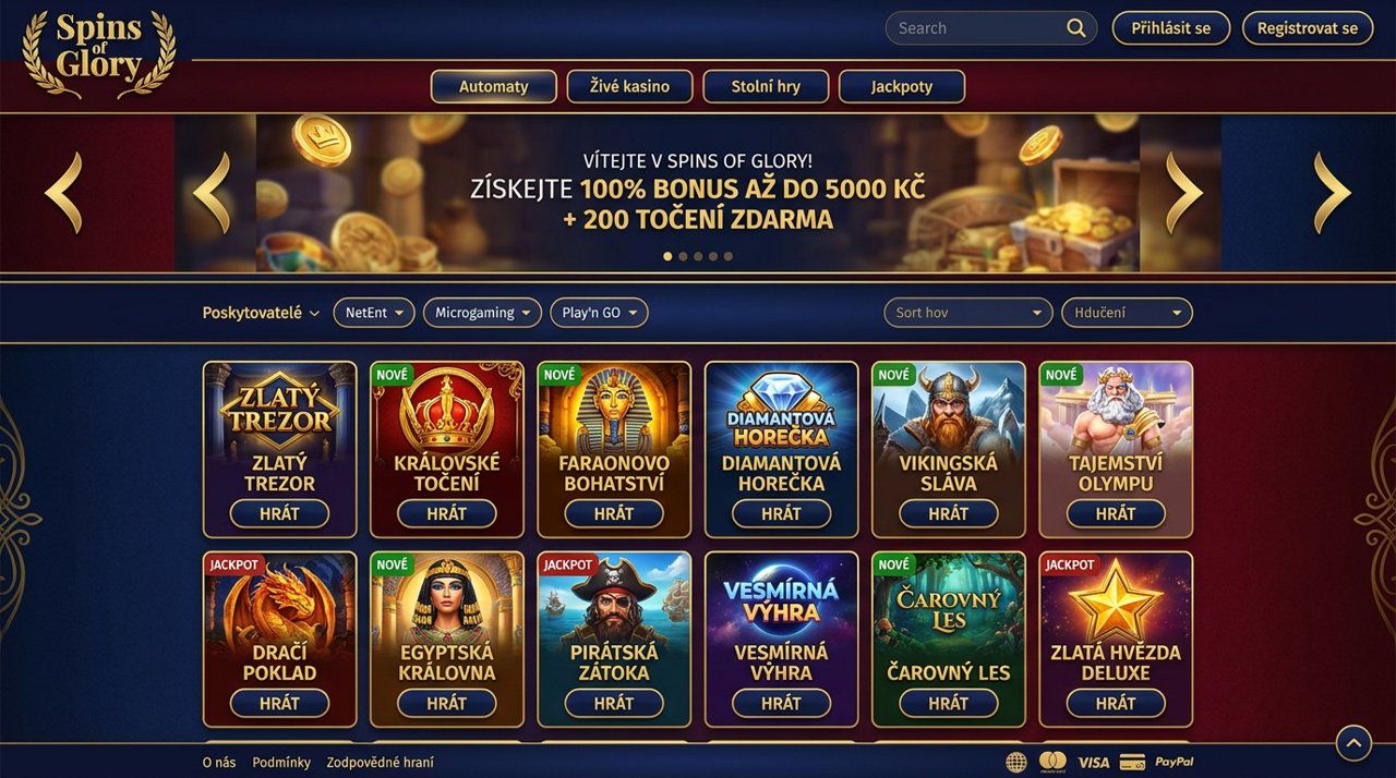 Úvodní stránka online kasina Spins of Glory s nabídkou automatů a herních kategorií