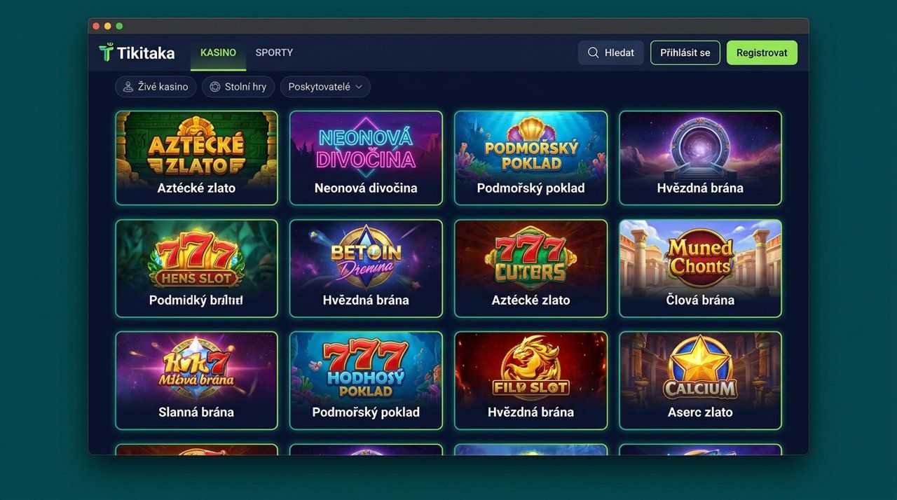 Úvodní stránka online kasina Tikitaka s nabídkou automatů, živého kasina a jackpotů