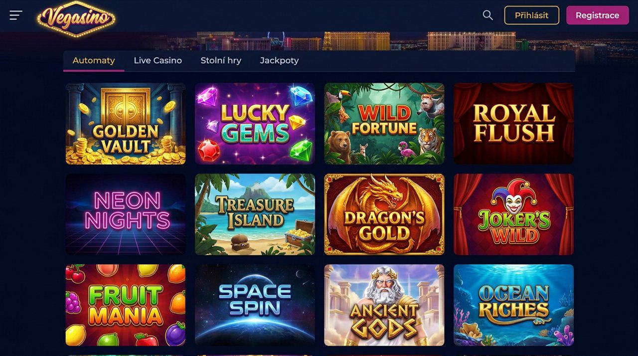 Snímek obrazovky hlavní stránky online casina Vegasino s nabídkou her